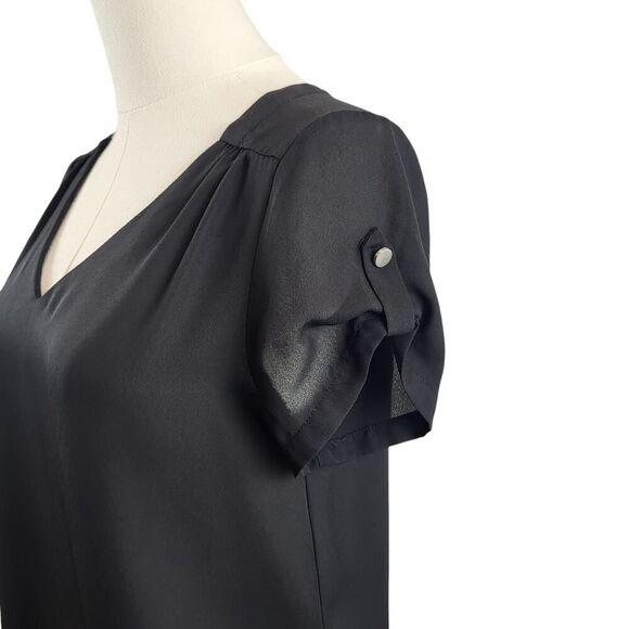Lily Star X-Small Black Sheer Blouse Short Sleeve V-Neck High Low Hem - Picture 7 of 13